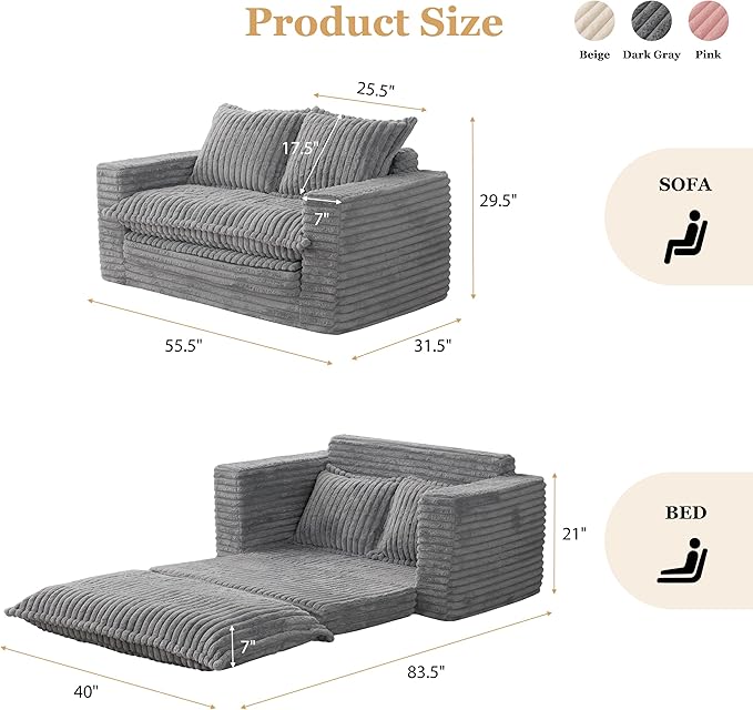 YOSHOOT Loveseat Sleeper Sofa, Convertible Sofa Bed Couch Futon Couches for Living Room, 3-in-1 Pull Out Floor Couch with Cushion and Pillows, Dark Grey