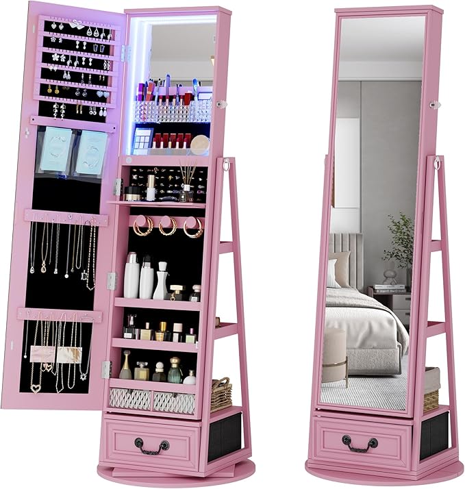 HWB Standing Full-Length Mirror Jewelry Armories, Jewelry Organizer with LED Lights 360° Swivel, Lockable Jewelry Cabinet, Jewelry Storage with Shelves & Stable Base Pink