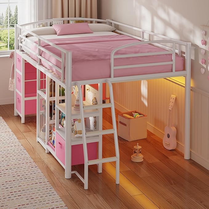 Low Loft Bed Twin Size with 4 Storage Drawers and LED Lights, Twin Loft Bed with Sling Bookcase & Toy Storage, Kids Twin Beds with Anti-Collision Pad & Play Curtain, Under-Bed Play Space, Pink+White