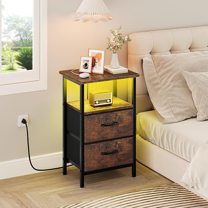 Vagusicc Night Stand Bedside Table Bedroom, LED Nightstand with Charging Station, End Table with USB Ports & Outlets, 24.2" Tall Bed Side Table with 2 Fabric Drawers and Storage Shelf, Rustic Brown