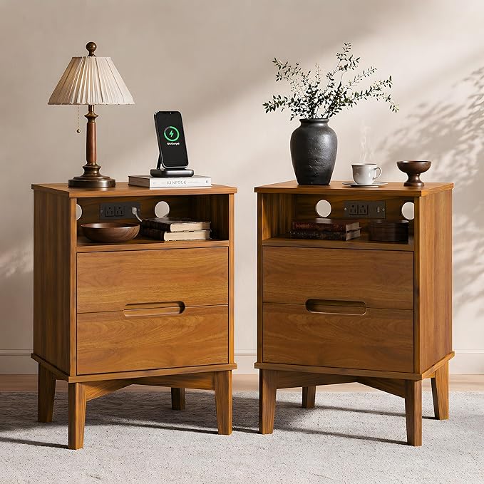 26" Tall Wood Nightstand Set of 2 with Charging Station & USB-C, Mid Century Modern Bedside Table with Solid Wood Legs, Caramel Walnut Finish with 2 Drawers