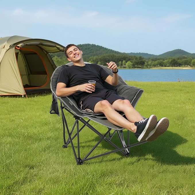 OUTDOOR LIVING SUNTIME Oversized Padded Comfy Camping Chair with Removable Footrest，Weight Capacity 400 LBS, Heavy Duty Moon Round Leisure Folding Chair for Camping, Hiking, Carry Bag, Gray