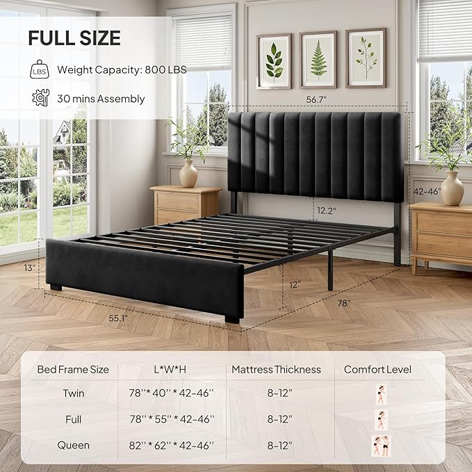 Welzona Full Upholstered Bed Frame with Headboard, Velvet Upholstered Metal Platform Bed with Vertical Channel Tufted Headboard, 3-Level Height, Metal Slat Support, Noise-Free Easy Assembly, Black