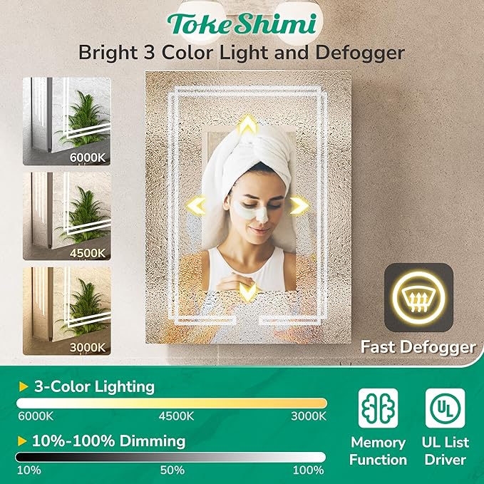 TokeShimi 36x32 Inch Lighted Medicine Cabinet, LED Medicine Cabinet with Lights, Wall-Mounted Bathroom Cabinet Mirror with 3 Color Temperature, Anti-Fog, CRI 80+, Memory Function, Tempered Glass