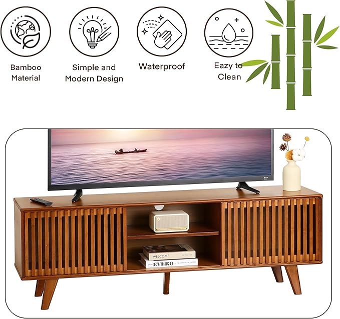Bamboo TV Stand for TVs up to 65", Accent Entertainment Center with Storage, Media Console Table with Sliding Fence Door, Modern TV Stand for Living Room, Bedroom, 55"(L), Walnut