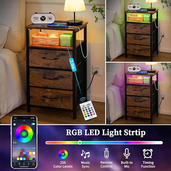 Yoobure Night Stand with Charging Station, 16 Colors LED Nightstand with USB Ports and Outlets, End Table with 3 Fabric Drawers and Storage Shelf, Bedside Tables Small Dresser for Small Space, Brown