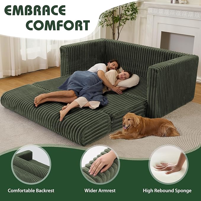 HABUTWAY 49.8" Loveseat Boneless Couch, 4-in-1 Convertible Sofa Bed, Plush Fur Folding Futon Sofa Bed Couches Without Pillow for Living Room, High-Density Foam Support, No Assembly Required, Green