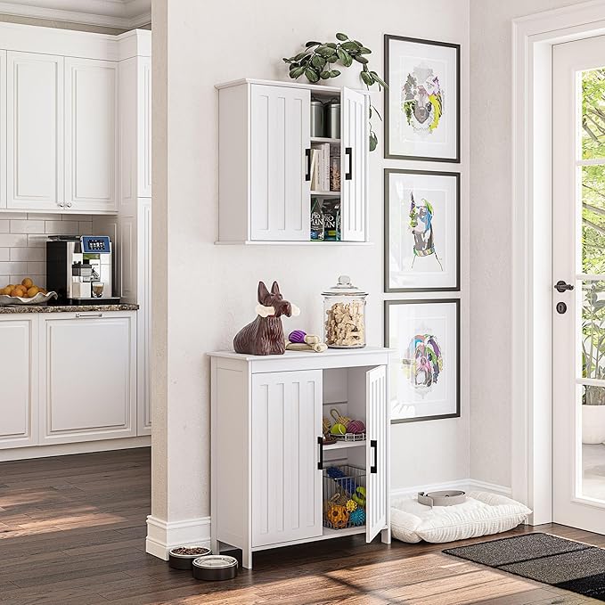 RiverRidge Monroe Two-Door Floor Storage Cabinet - Bathroom Storage Cabinet with Adjustable Shelves - Soft-Close Doors White Finish with Matte Black Handles