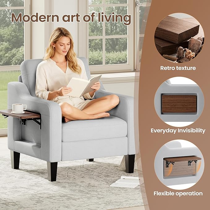 Accent Chair for Living Room Modern Linen Upholstered Armchair Side Wooden Fabric Sofa Chair with Foldable Table 2 Side Pockets Comfy Reading Chair for Bedroom