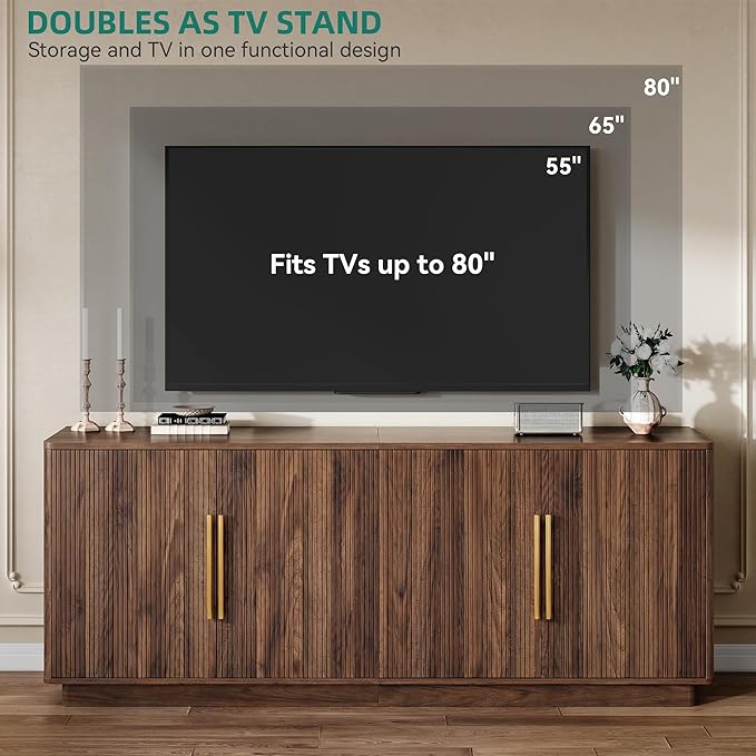 YITAHOME TV Stand for TVs up to 80 Inches, Media Console with 4 Fluted Doors, 70" Entertainment Center with Ample Storage for Living Room(Natural Oak)