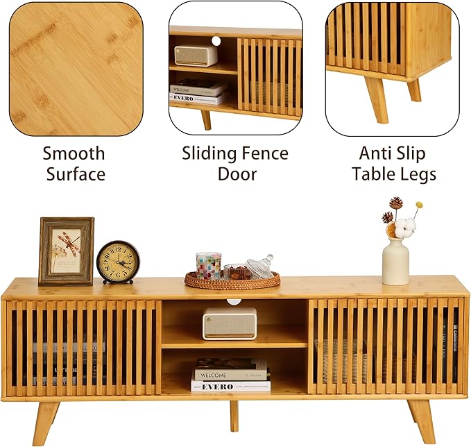 Bamboo TV Stand for TVs up to 65", Accent Entertainment Center with Storage, Media Console Table with Sliding Fence Door, Modern TV Stand for Living Room, Bedroom, 55"(L), Burlywood