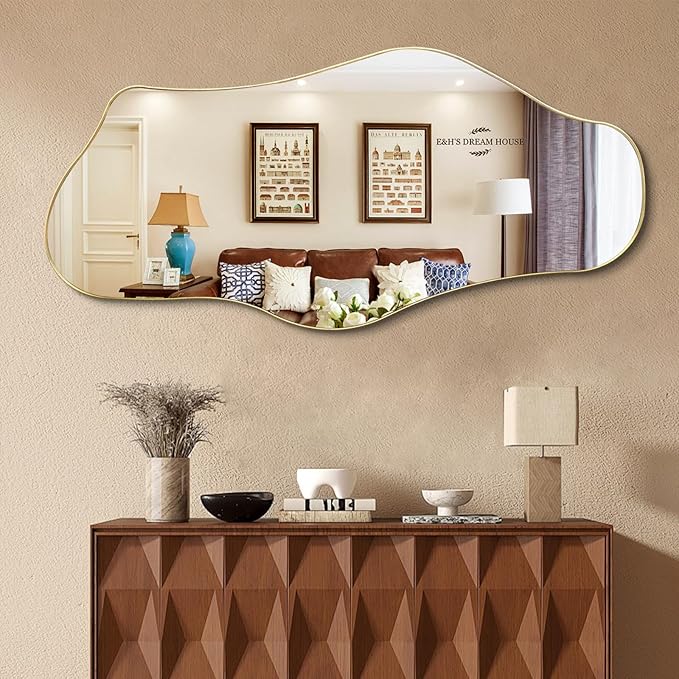 Large Irregular Mirror, 63"x29" Asymmetrical Full Length Mirror with Gold Metal Frame, Unique Shaped Abstract Wall Mirrors for Living Room Dressing Bathroom Bedroom Hallway Entryway