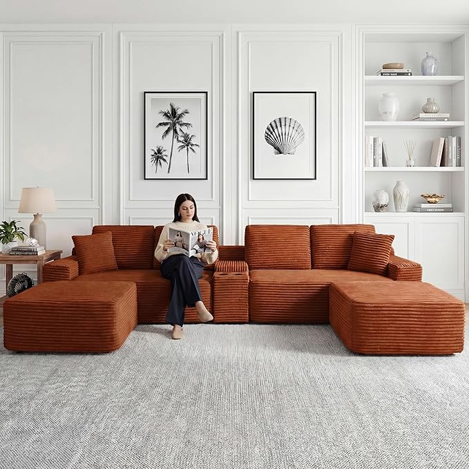 125 Inch Modular Sectional Sofa, Modern Oversized Corduroy Cloud Couch with 2 Ottomans, Cup Holders and USB Ports, U Shape Couch Boneless Couches for Living Room, No Assembly Required, Orange