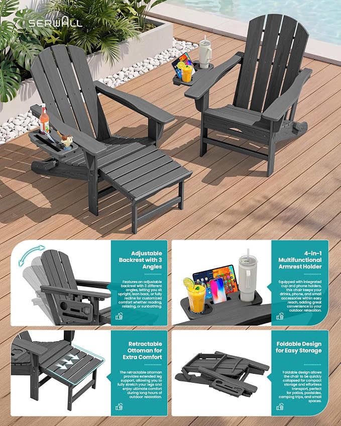 SERWALL Folding Adjustable Adirondack Chairs with Footrest Set of 2, HDPE Outdoor Chair with 4-in-1 Cup Holders, All Weather Adirondack Chair with Ottoman, Gray