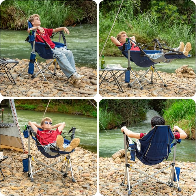2 Pack Oversized Swing Hammock Camping Chairs with Footrests & Headrests, 440LBS Aluminum Reclining Outdoor Lounge Chairs, 49" Tall Folding Chairs with Cup Holders,Blue
