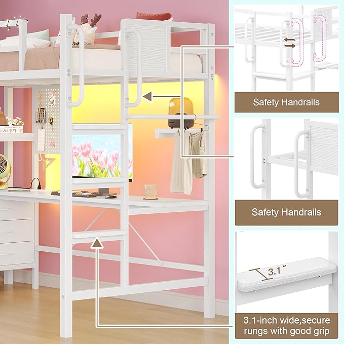 BYSAUD Twin Loft Bed with Desk and Storage, Metal Bunk Bed with 5 Drawers and 2 Pegboards, Heavy Duty Loft Bed Twin Size with LED Lights and Charging Station for Teens Adults, Noise Free, White