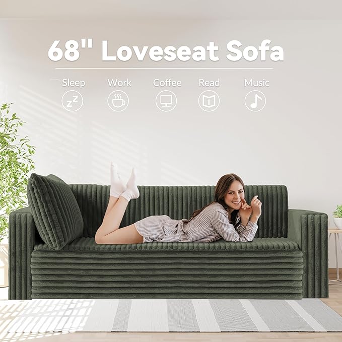HABUTWAY 68" Loveseat Boneless Couch, 4-in-1 Convertible Sofa Bed, Plush Fur Folding Futon Sofa Bed Couches with 2 Pillows for Living Room, High-Density Foam Support, No Assembly Required, Green