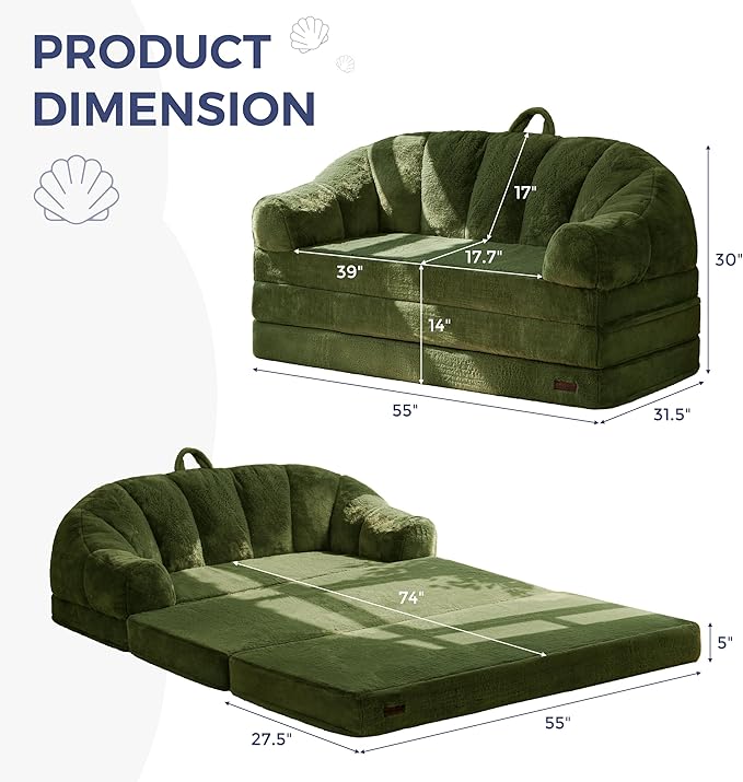 MAXYOYO Folding Sofa Bed, 2 in 1 Convertible Sofa to Lounger Comfy Loveseat Bean Bag Chair for Adults, Floor Sleeper Couch with Handle, Faux Fur Couch Bed for Living Room Bedroom, Green, Loveseat
