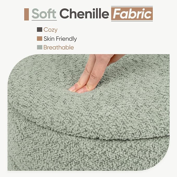 Round Storage Ottoman with Reversible Tray Lid, Folding Chenille Fabric Footrest with Hidden Storage, 15.4" Footstool for Small Spaces Living Room Bedroom, Wood Grain Base, Sage Green