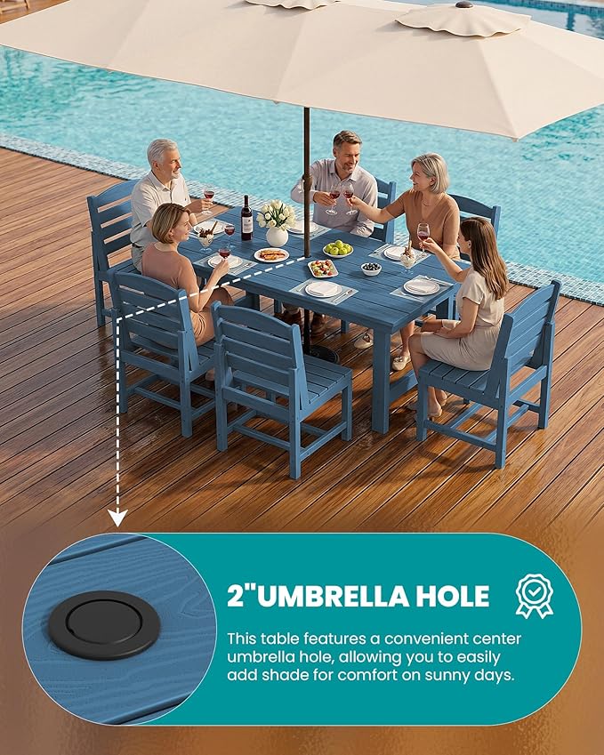 SERWALL Patio Dining Sets for 6 Person, HDPE Dining Set with 6 Armless Chairs, Blue
