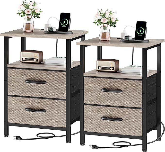 Vagusicc Night Stand Set 2, Nightstand with Charging Station, Bedside Tables with USB Ports and Outlets, 24.2" Tall End Table with Open Shelf, Bed Side Tables with 2 Fabric Drawers for Bedroom, Greige