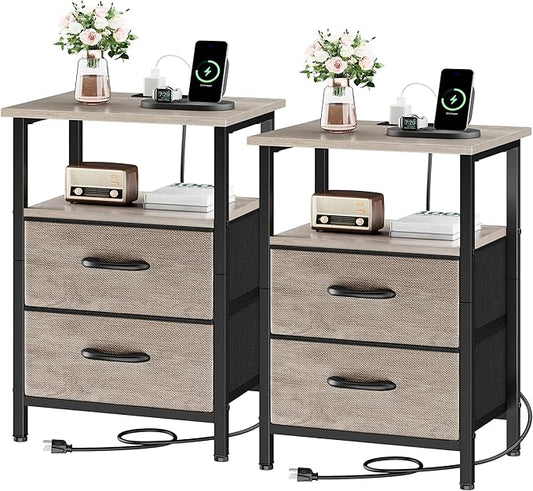 Vagusicc Night Stand Set 2, Nightstand with Charging Station, Bedside Tables with USB Ports and Outlets, 24.2" Tall End Table with Open Shelf, Bed Side Tables with 2 Fabric Drawers for Bedroom, Greige