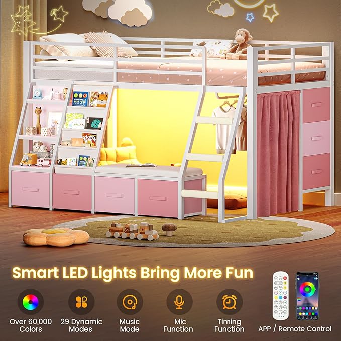 MSmask Low Loft Bed with 7 Storage Drawers & Reading Nook, Kids Twin Loft Bed with Bookshelf, LED Lights & Safety Guardrail, Loft Bed Twin Size with 35.8''H Play Space, Inclined Ladder, White & Pink