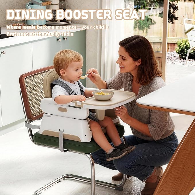 4 in 1 Baby High Chair for Babies and Toddlers, Foldable & Portable Convertible Booster Seat, Adjustable Tray & Footrest, Lightweight, Stable, Easy to Clean, Khaki