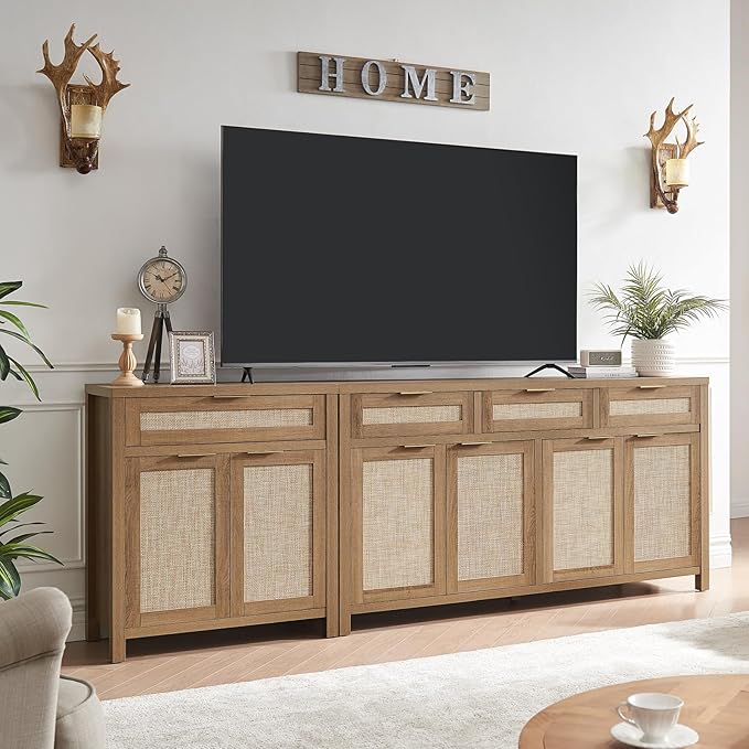 HOKYHOKY 2 Piece Rattan Sideboard Buffet Cabinet, Boho Storage Cabinet with Adjustable Shelves, Farmhouse Credenza Coffee Bar Cabinets with Doors & Drawers for Living Room, Hallway&Kitchen