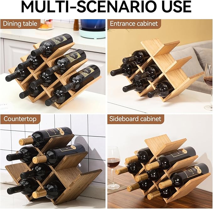 KIRIGEN Wooden 8-Bottle Wine Rack, 3-Tier Countertop Wine Bottle Holder for Cabinets, Bar Cart, Kitchen Counter, Pantry, Dining Room, Wood Stain, 16.73 x 5.91 x 11.14 in, XHJJ3-NA