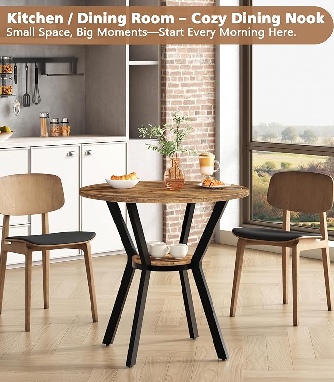 MECHYIN Round Kitchen Table for 2-4, Small Round Dining Table with Storage, Rustic Wood Circle Table with Metal Legs, Compact Dining Room Table for Kitchen, Cafe, Apartment and Small Space