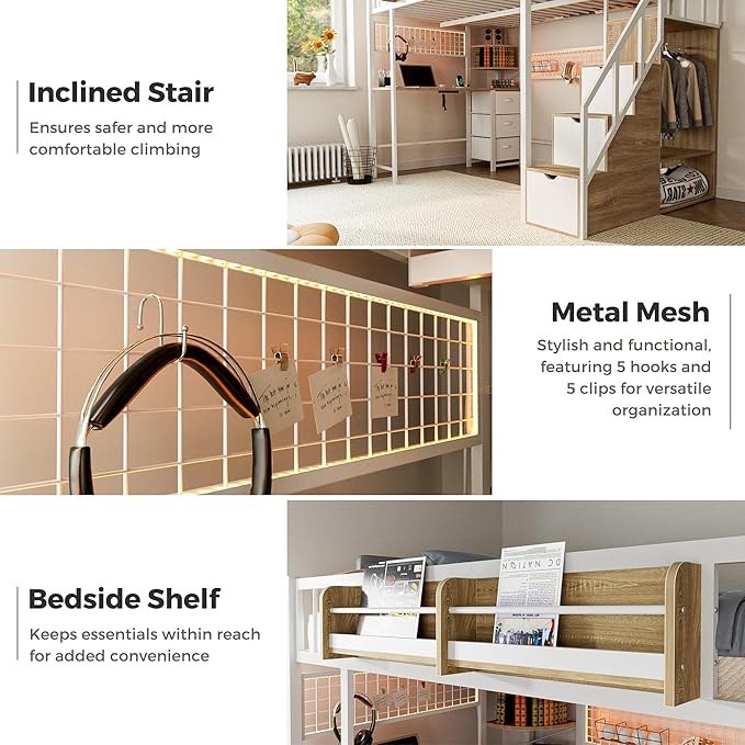 Kikihouse Twin Loft Bed with Desk, Storage Stairs & Wardrobe, Metal Loft Bed Frame w/Headboard, Bedside Shelf, Charging Station & 6 Drawers, LED Gaming Bed for Adult Space-Saving