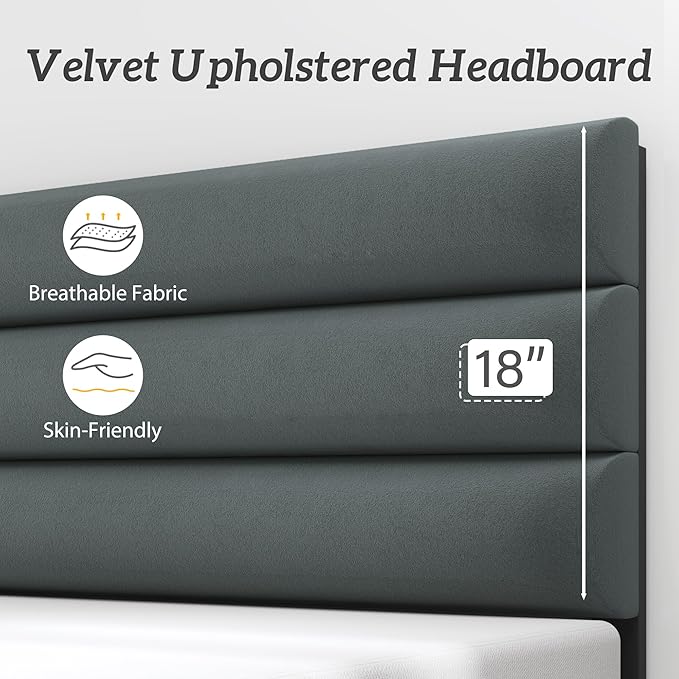 Fluest Full Bed Frame, Platform Bed Frame with Velvet Upholstered Headboard, No Box Spring Needed, Sturdy Metal Support, Noise Free, Easy Assembly, Modern Bedroom Furniture, Grey