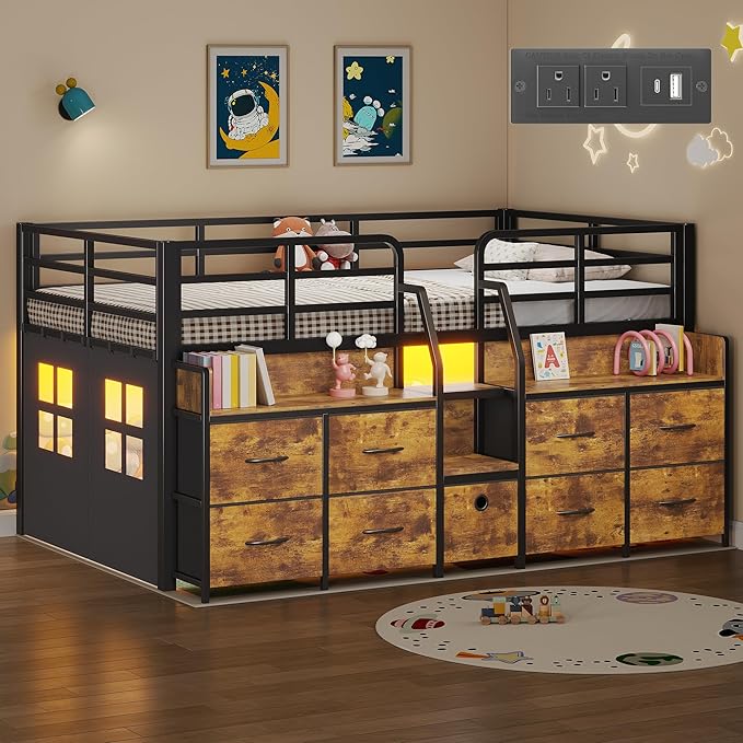 Dnxao Low Loft Bed Twin Size with 9 Drawers and Bookcase, Metal Twin Bed Frames for Kids with Under-Bed Play Space, LED Lights and Charging Station Bedroom Storage, Vintage Brown