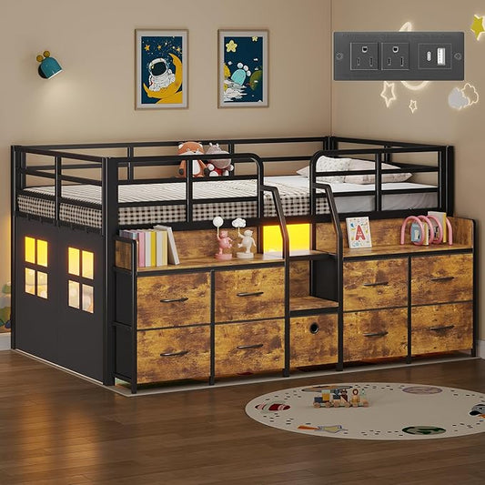 Dnxao Low Loft Bed Twin Size with 9 Drawers and Bookcase, Metal Twin Bed Frames for Kids with Under-Bed Play Space, LED Lights and Charging Station Bedroom Storage, Vintage Brown