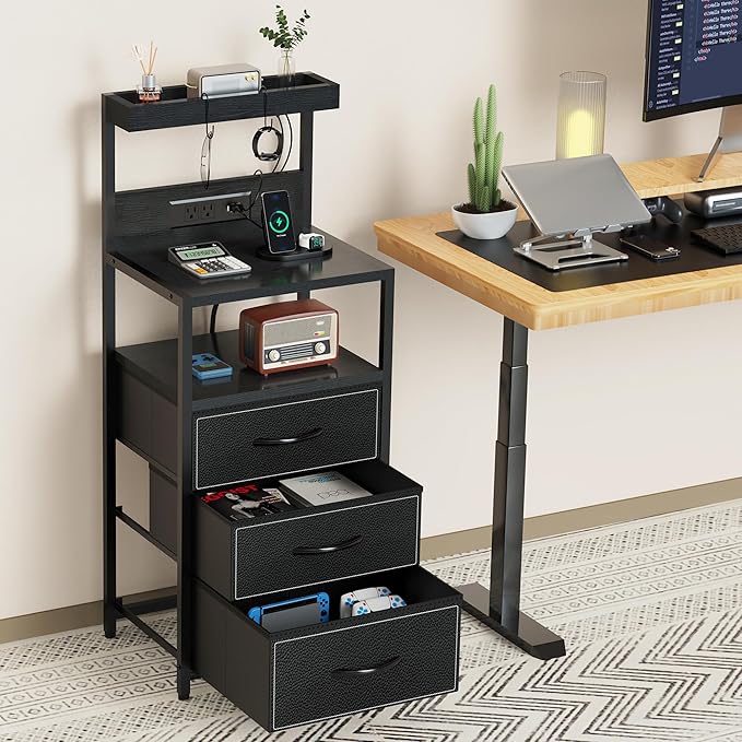 SZLHANJZ LED Nighstand with Charging Station, Night Stand with 3 Drawers and LED Lights, Storage Side Table with 3 Shelf and Hooks, Bedroom End Table for Bedside, Modern Black