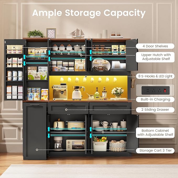 Itaar 71" Kitchen Pantry Cabinet with Charging Station and Led Light, Kitchen Storage Cabinets with Microwave Stand, 59" Wide Pantry Storage Cabinet with Storage Cart 3 Tier for Dining Room, Black