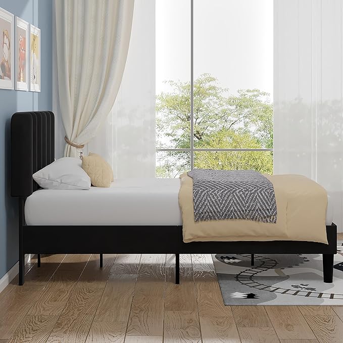 VECELO Twin Size Bed Frame with Upholstered Headboard, Velvet Platform Bedframe Mattress Foundation, Strong Wood Slat Support, No Box Spring Needed,Black