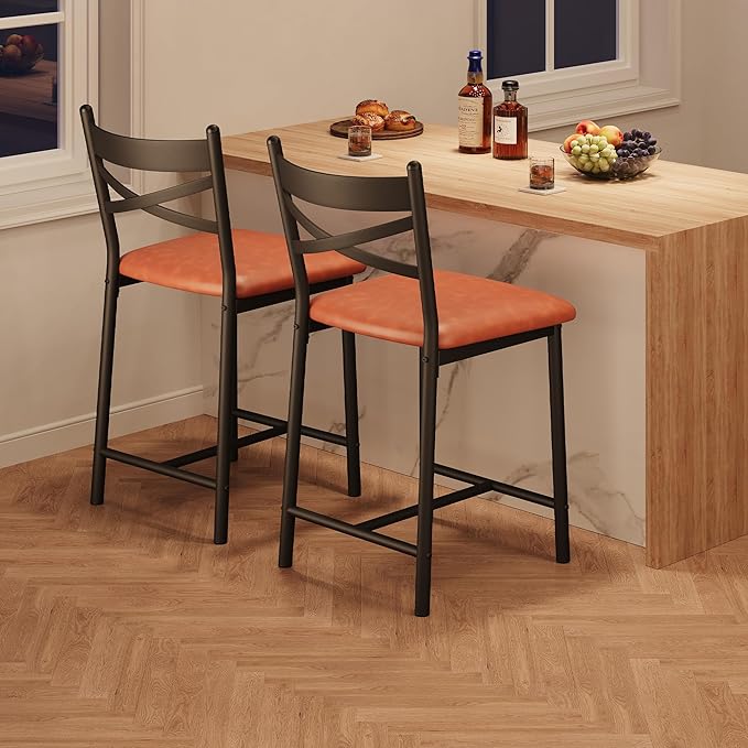 IDEALHOUSE 24" Counter Height Bar Stools Set of 2, Upholstered Bar Chairs with Back, Thick Cushion, Counter Height Barstools for Kitchen Island Apartment Counter Bar (2)