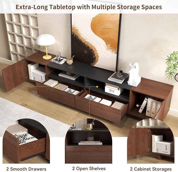 Epecoya 78.8 Inch TV Stand with Storage Cabinets for Living Room, TVs Media Console Entertainment Center with Drawers, Wood Fluted Television Stands with Open Shelves for Bedroom, Dark Brown Walnut