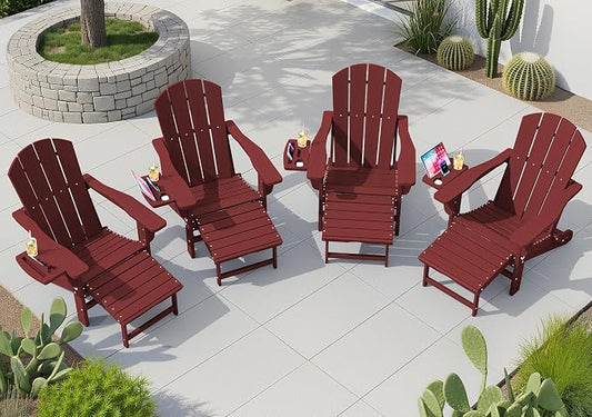 KINGYES Adjustable Folding Adirondack Chair with Footrest & 4-in-1 Multi-Functional Armrest Organizer Set of 4, HDPE Foldable Recliner Adirondack Chair with Pull-Out Ottoman, Red