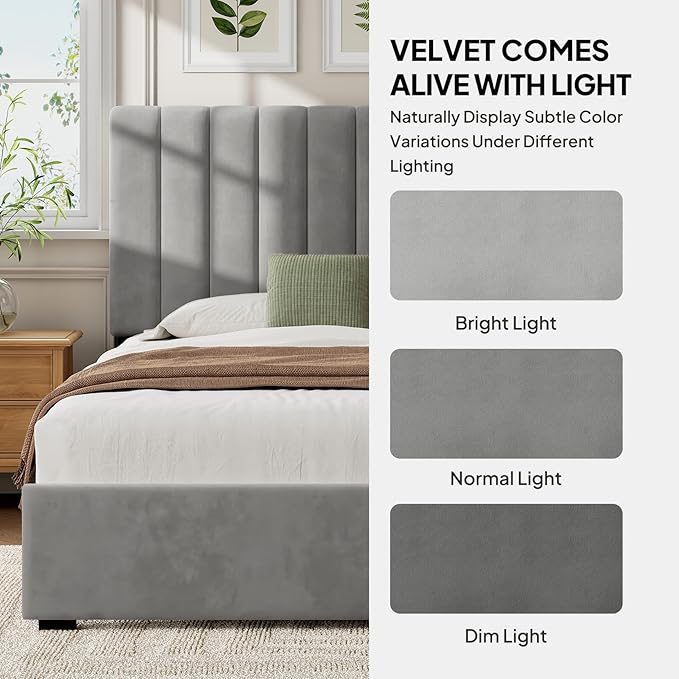 Welzona Bed Frame Full Size with Headboard, Velvet Upholstered Metal Platform Bed for Kids with Vertical Channel Tufted Headboard, 3-Level Height, Metal Slat Support, Noise-Free Easy Assembly, Grey
