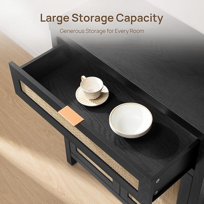 SICOTAS Sideboard Buffet Storage Cabinet, Rattan Accent Cabinet with Doors and Drawer, Modern Credenzas Buffet Table Console Coffee Bar Cabinets for Entryway Living Room, Black