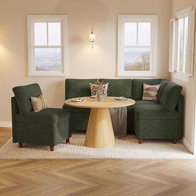 SITJOY Breakfast Nook Bench with Storage, Modular Corner Kitchen Banquette Seating, Dining Settee Couch, Upholstered Dining Bench with Back, Soft-to-Touch Fabric in Green, 4-Seat L Shaped Nook