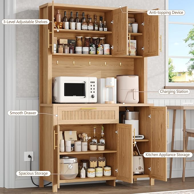 Fluted Kitchen Pantry Storage Cabinet with Charging Station, Coffee Bar Cabinet with Drawer & Adjustble Shelves, Tall Kitchen Hutch Cabinet with Microwave Stand, for Dining Room, Natural Oak