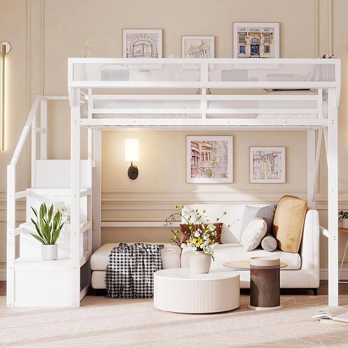 Mirightone Full Size Loft Bed with Stairs and Storage, Metal Loft Bed Frame with Bedside Shelf and Large Under-Bed Space, Heavy-Duty Loft Beds for Adults Teens and Kids, Convertible Staircase, White