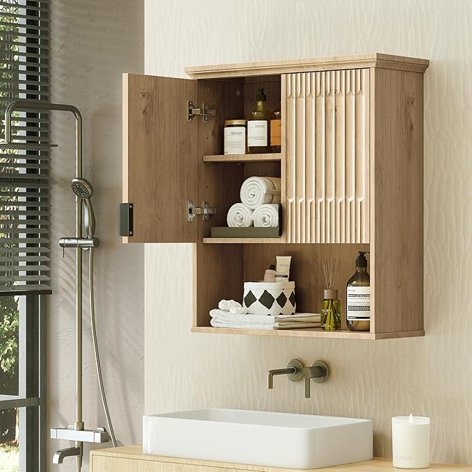 Fatmok Bathroom Wall Storage Cabinet, Medicine Cabinet with Adjustable Wood Shelf & Doors, Over the Toilet Storage Cabinet for Laundry Room & Living Room Kitchen,Natural