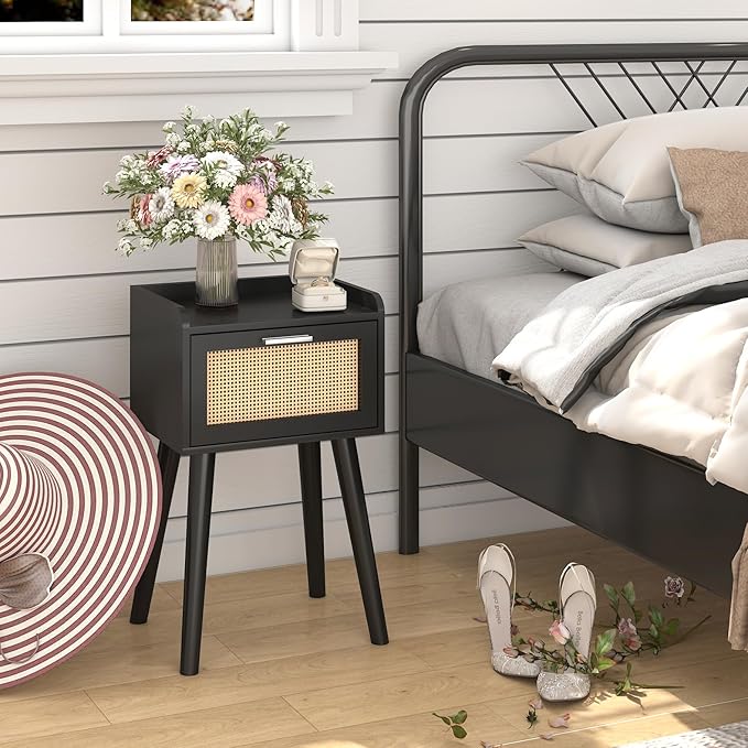 LAATOOREE Nightstand Set of 2, Small Black Bedside Table, End Table with Rattan Door, Boho Side Table with Solid Wood Legs for Bedroom Living Room Small Space