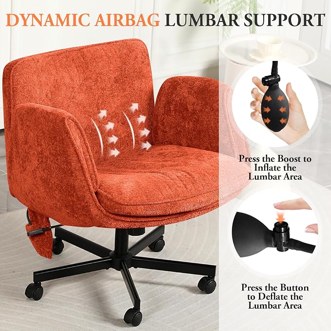Criss Cross Chair with Lumbar Airbag & Folding Arms Relieve Back Pain, Wide Cross Legged Office Chair for Home Office, Comfy Swivel Desk Chair with Wheels, 5 Level Adjustable Armrest, Chenille(Orange)