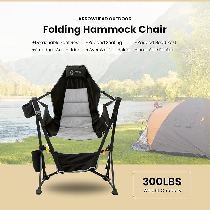 ARROWHEAD OUTDOOR Folding Hammock Chair, Heavy Duty Camping Seat with Removable Footrest, Padded Comfort, and 300lb Capacity